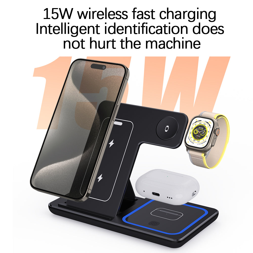 15W 3-in-1 Foldable Wireless Charging Stand – Phone, Watch & Earbuds PERSIAN