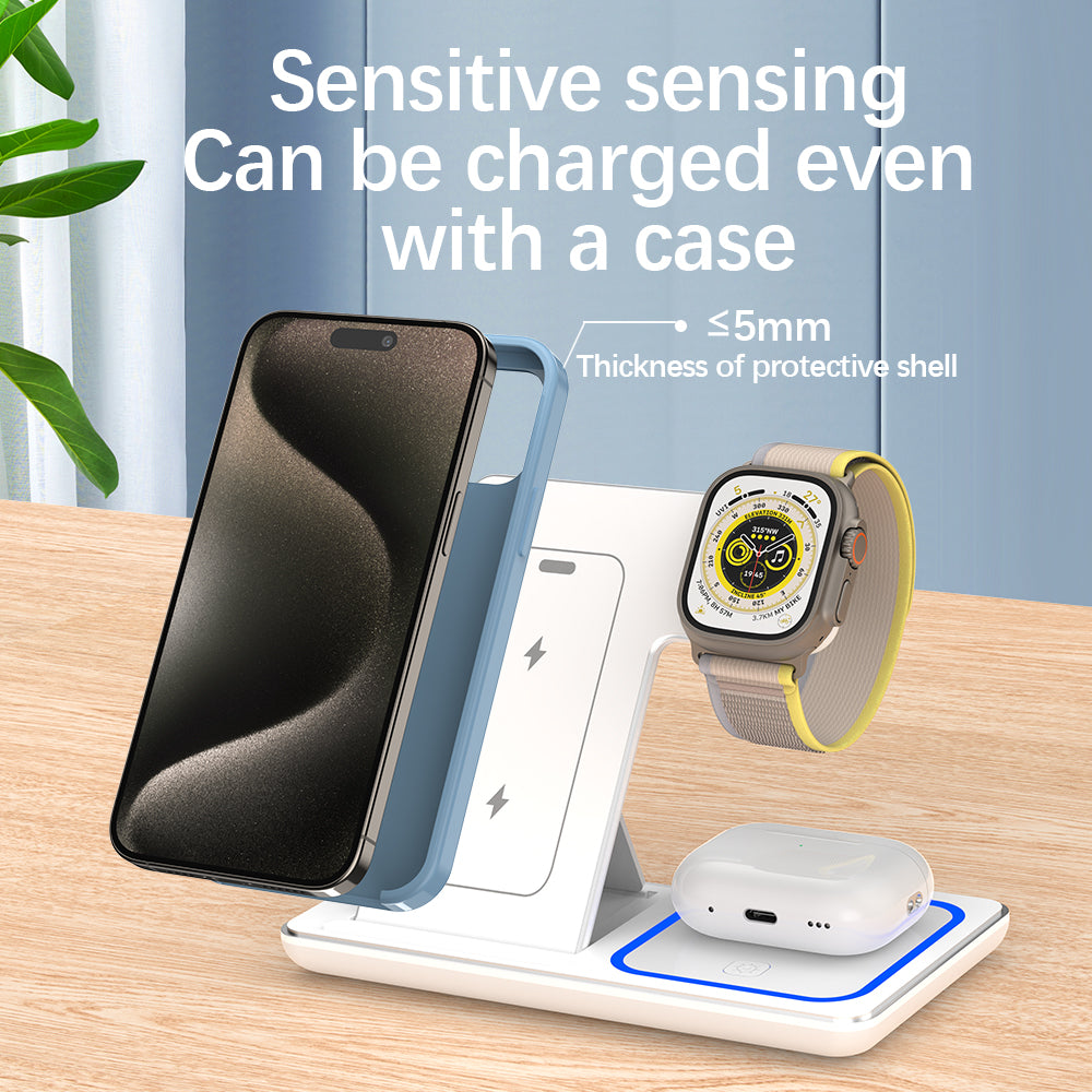 15W 3-in-1 Foldable Wireless Charging Stand – Phone, Watch & Earbuds PERSIAN