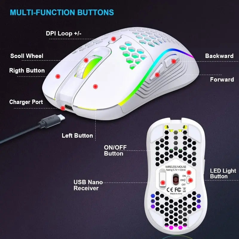 CM-G40W Wireless Gaming Mouse 2400 DPI Rechargeable RGB Honeycomb Mouse, 6 Buttons PERSIAN store