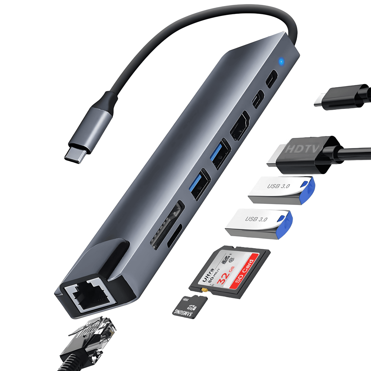 Mindpure 8-in-1 USB-C Hub 100W PD | 4K HDMI 2.0, Gigabit Ethernet, SD/TF Card Reader & USB 3.0 Dock PERSIAN store